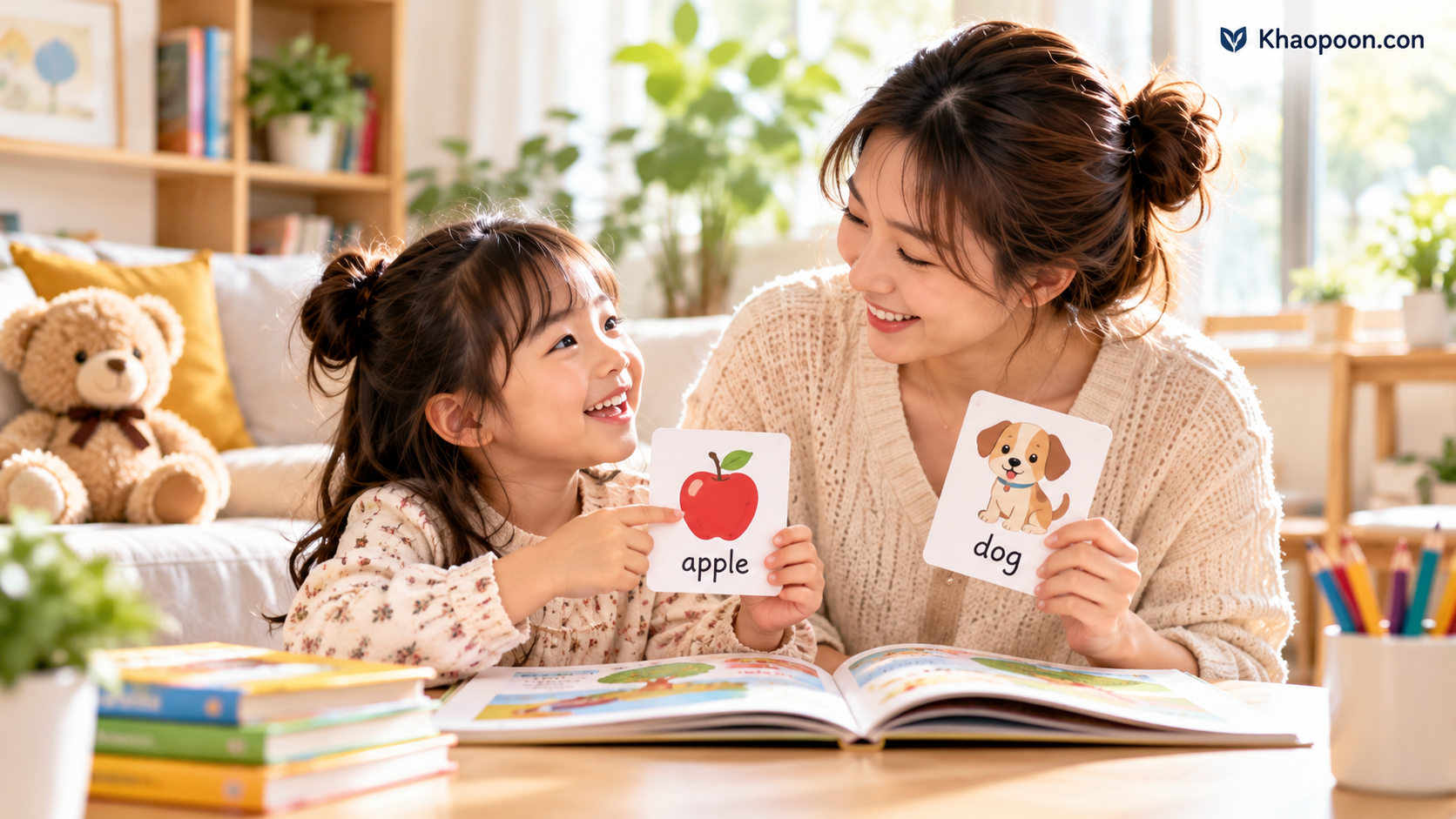 ผู้ปกครองกับลูกนั่งเรียนภาษาอังกฤษด้วยหนังสือภาพและบัตรคำ apple กับ dog ในบรรยากาศบ้านที่สว่างและอบอุ่น
